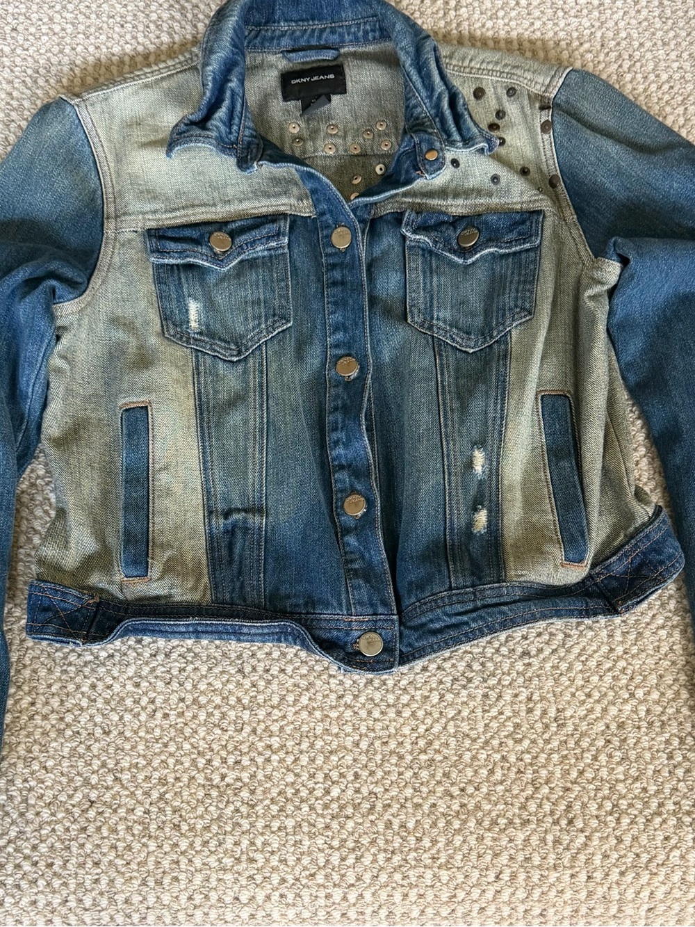 DKNY Jeans Studded Blue Denim Jacket Button Front Pockets Women’s Size Large